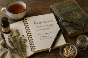 Open notebook, reading glasses, dried herbs, and tea representing an archive post about Reuben Schwartz, Amish iridology, Mountain Air Herbs, and alternative health resources.