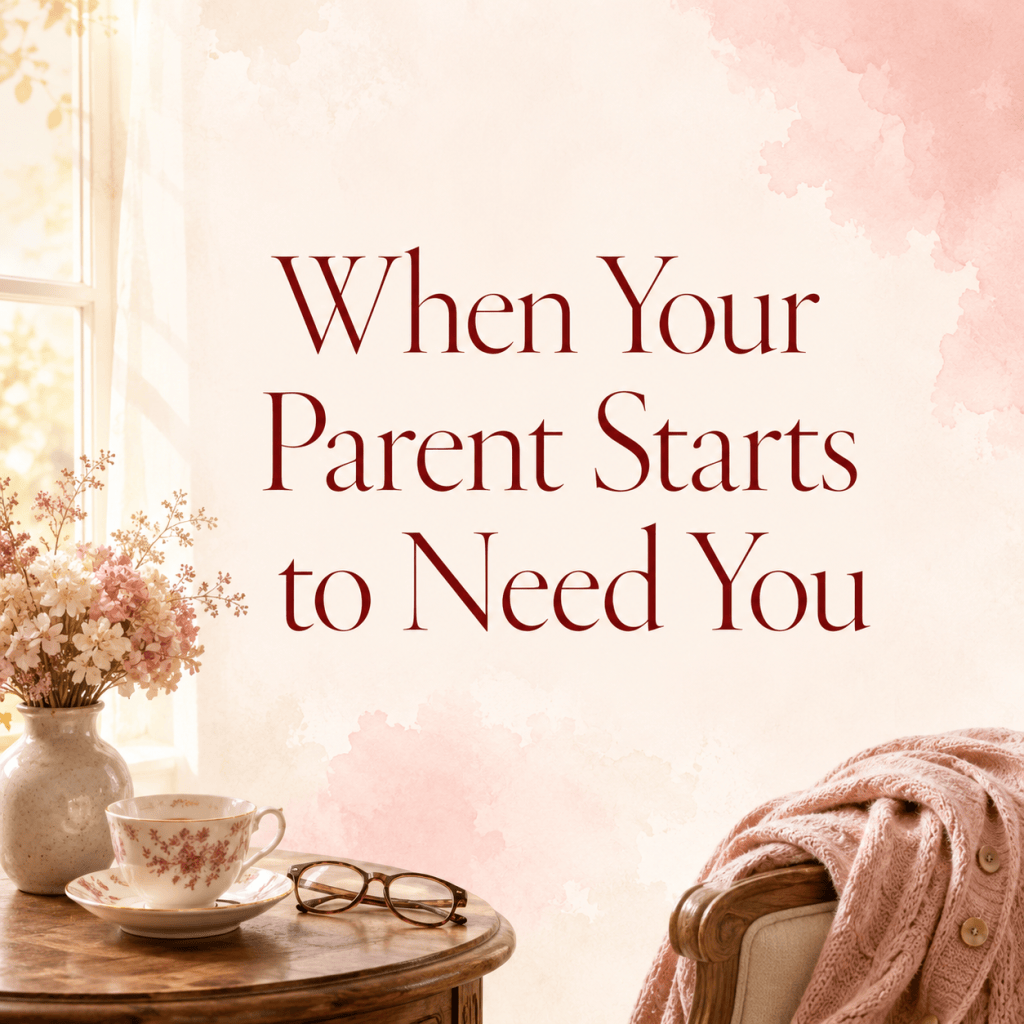 Adult child and aging parent themed image representing caregiving, role reversal, grief, parent decline, love, and faith.