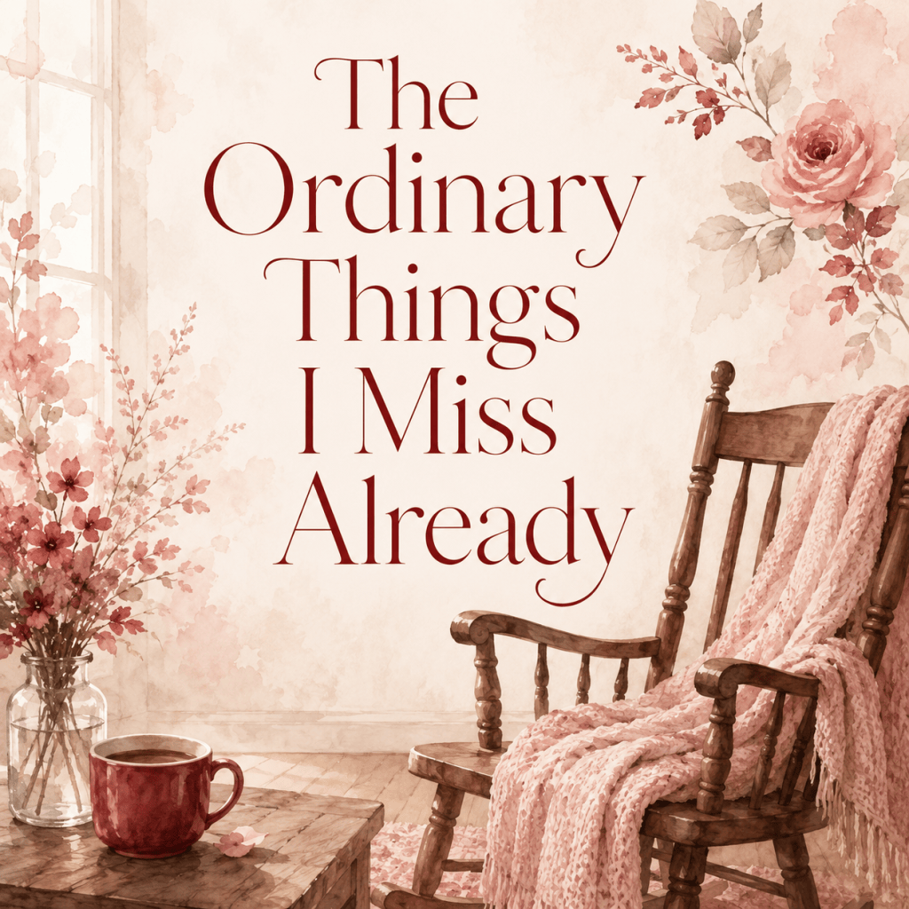 Empty rocking chair with coffee cup representing everyday grief, missing Dad, parent loss, memory, and ordinary reminders after loss.