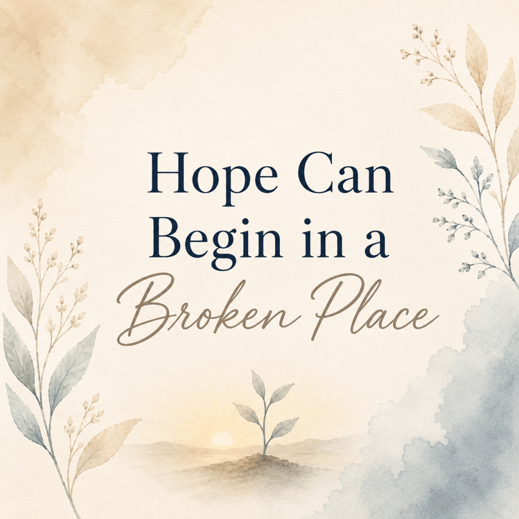 Soft cream and sunrise-toned graphic with the words “Hope Can Begin in a Broken Place.”