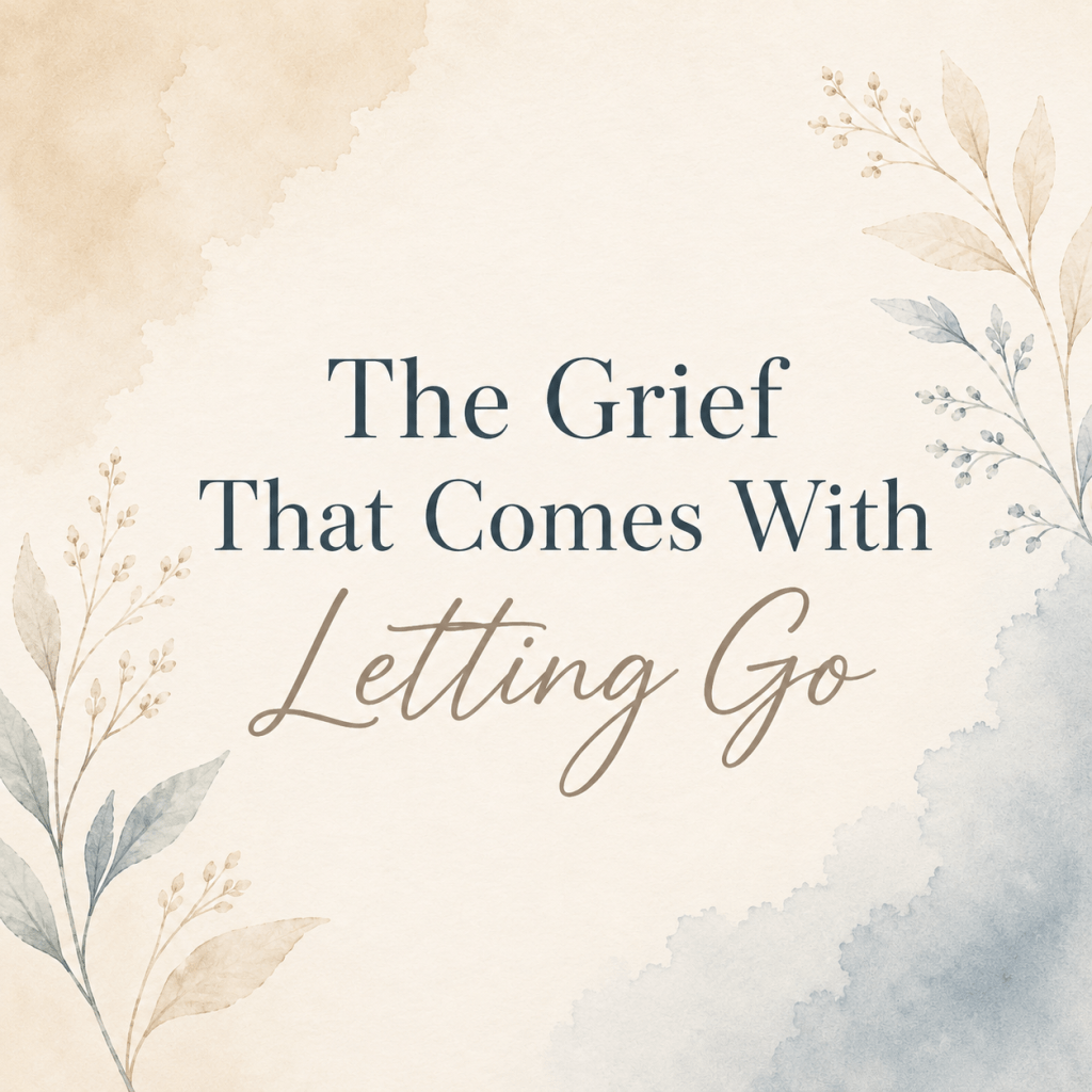 Cream minimalist graphic with the words “The Grief That Comes With Letting Go” and a small feather accent.