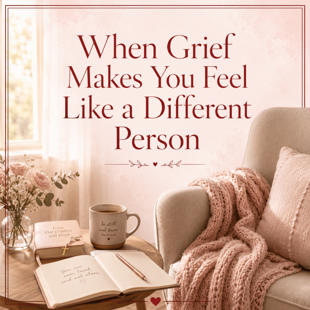 Soft blush and crimson grief graphic titled “When Grief Makes You Feel Like a Different Person,” featuring a quiet chair, open journal, coffee cup, and warm window light to symbolize healing after loss.