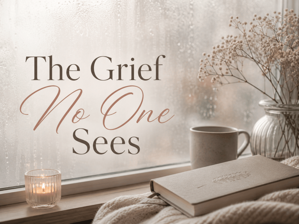 A soft title graphic reading The Grief No One Sees over a peaceful rainy window background with a candle, journal, and flowers.