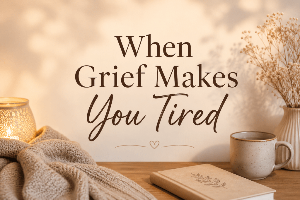 A soft title graphic reading When Grief Makes You Tired on a peaceful, calming background symbolizing grief fatigue and the need for rest.