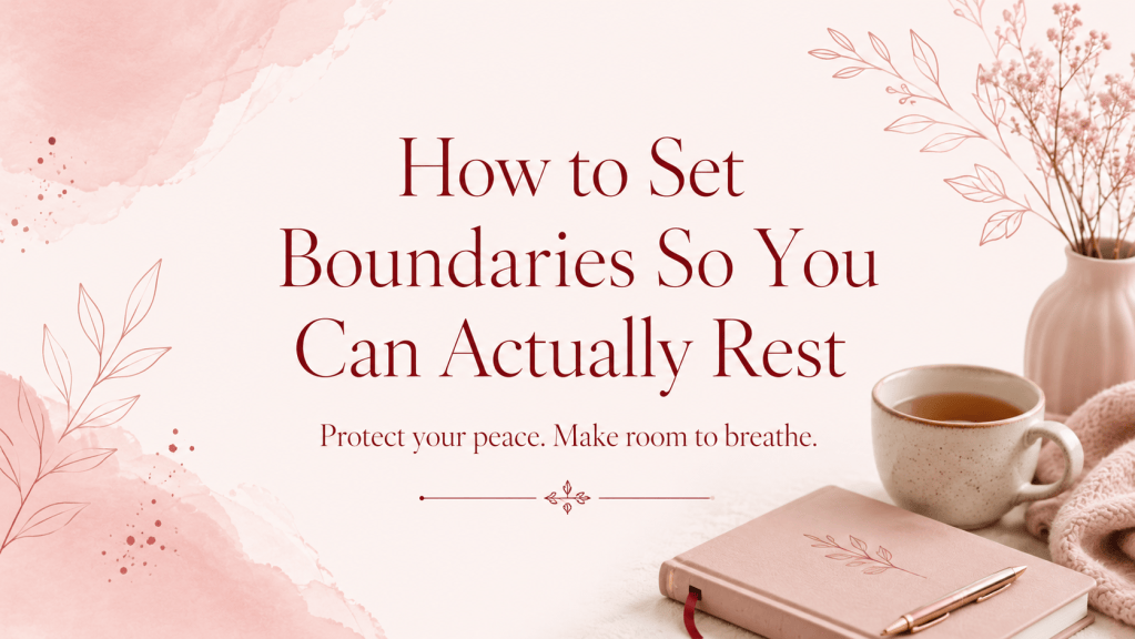 Soft pink and crimson blog graphic with a peaceful rest theme, featuring the title “How to Set Boundaries So You Can Actually Rest” and gentle visual elements representing calm, margin, and protected time.
