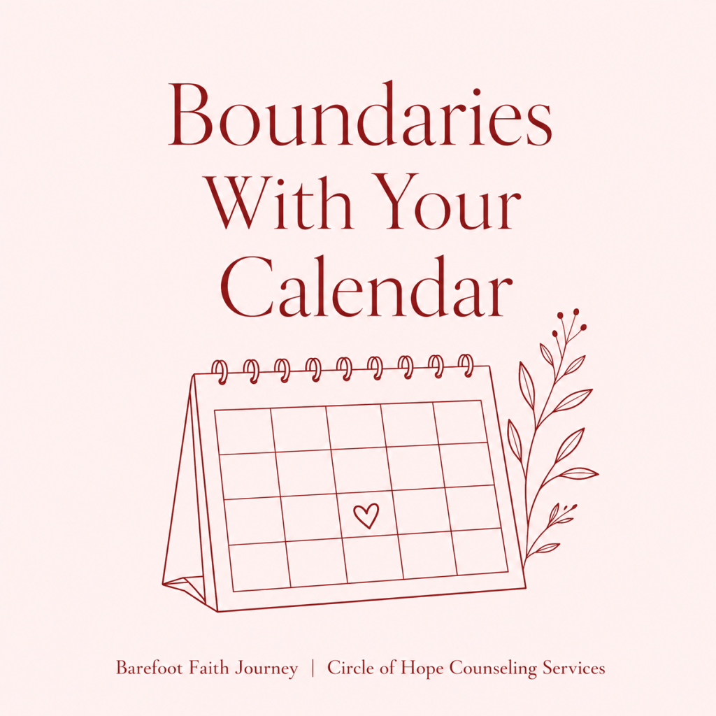 Crimson calendar page with a heart in an empty square on blush background for Boundaries With Your Calendar.