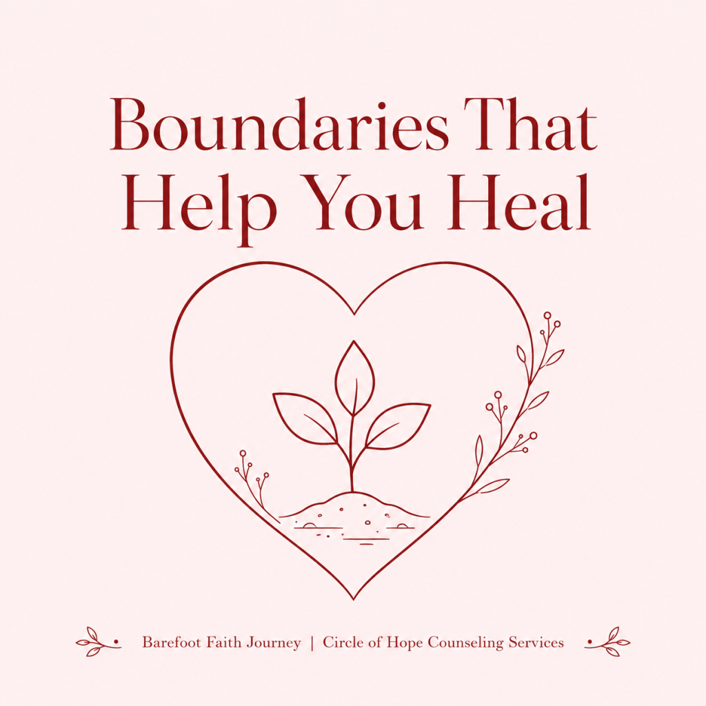 Crimson sprout inside a heart-shaped border on blush background for Boundaries That Help You Heal.