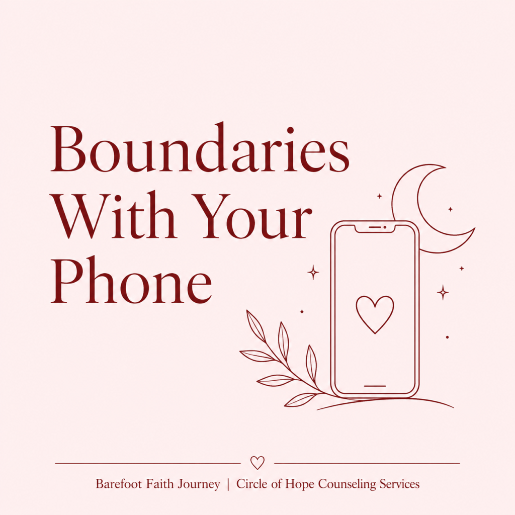Crimson phone line art with a heart and moon on a blush background for Boundaries With Your Phone.
