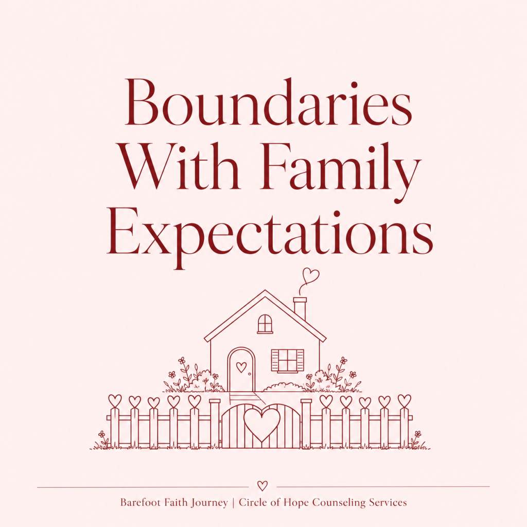 Crimson house and heart-shaped fence on blush background for Boundaries With Family Expectations.