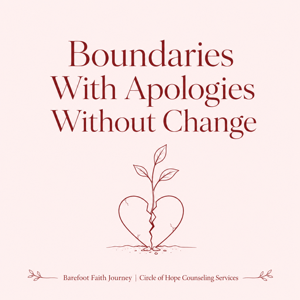 Crimson broken heart with a small sprout on blush background representing apologies that need change.