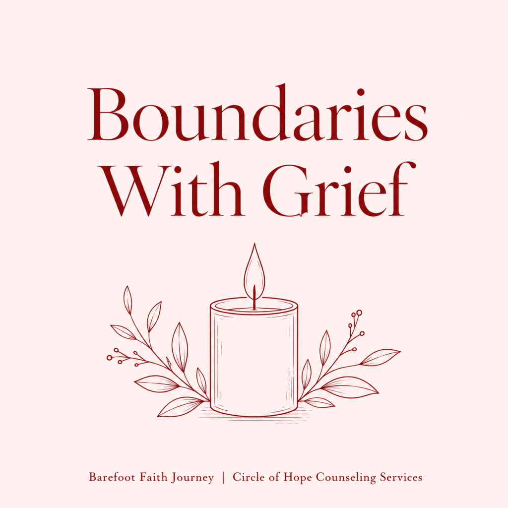Crimson candle and leaves on blush background representing Boundaries With Grief.