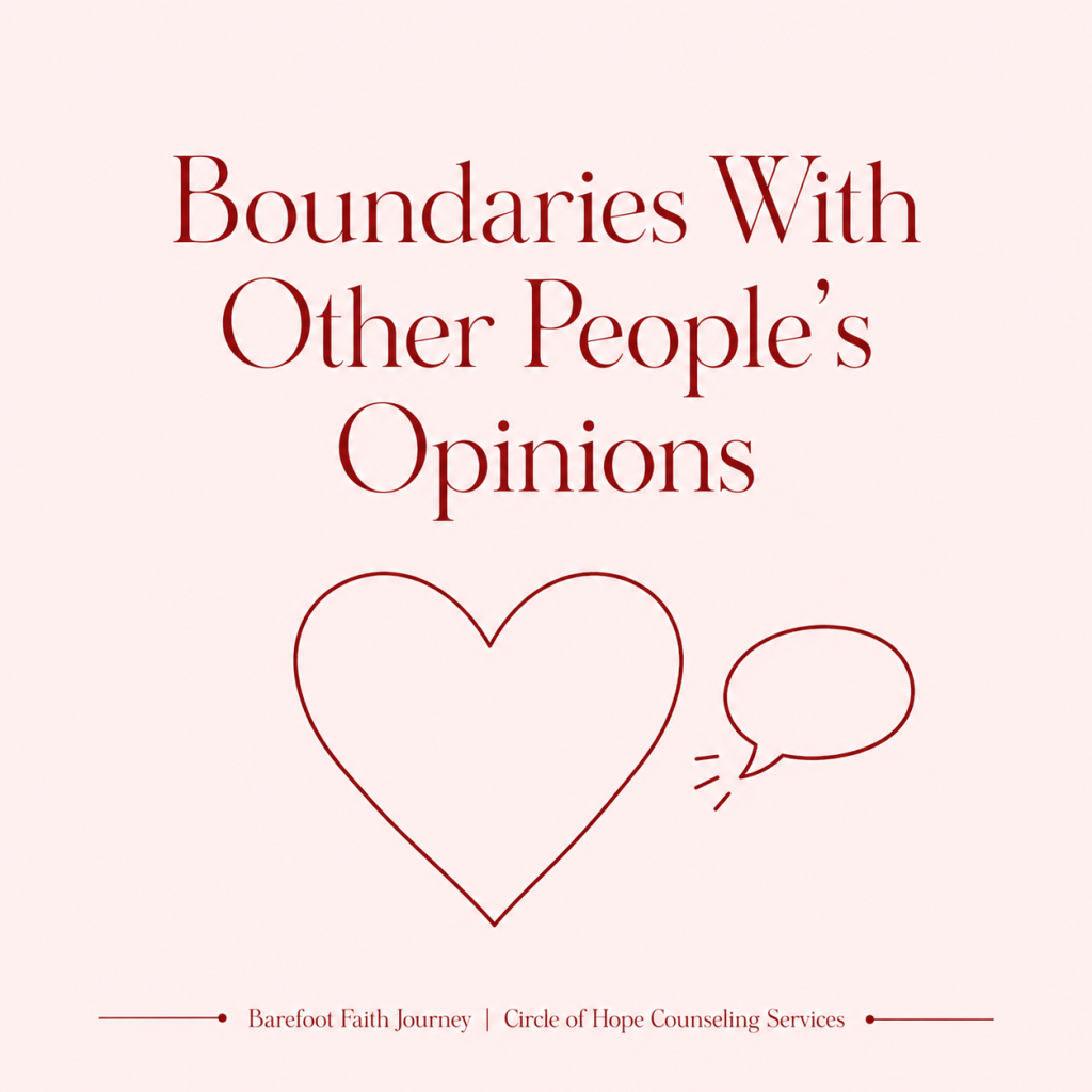 Crimson speech bubble outside a heart-shaped border on blush background for Boundaries With Other People’s Opinions.