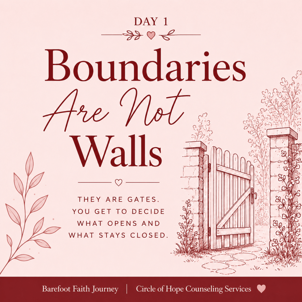 Crimson garden gate on blush background representing healthy boundaries