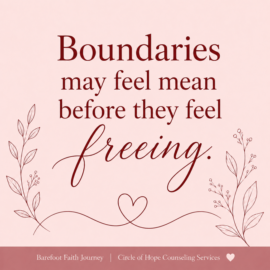 Crimson heart outline with quote about boundaries feeling mean before freeing
