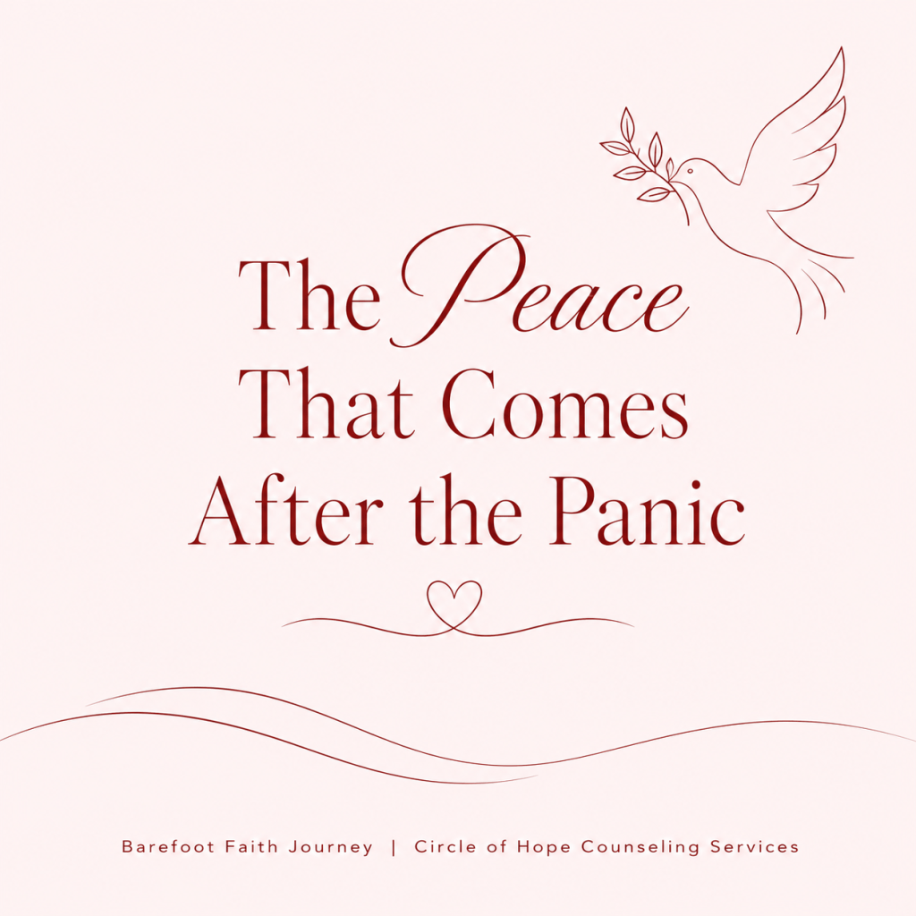 Crimson dove line art on a blush background with the words The Peace That Comes After the Panic