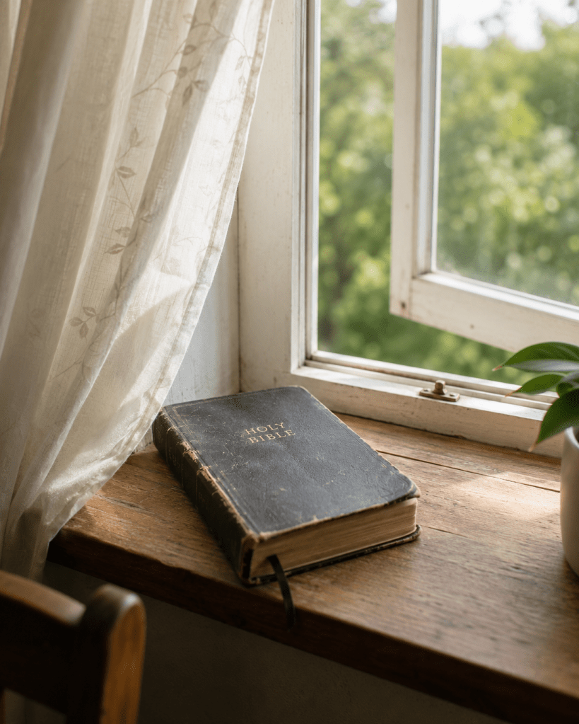 A closed Bible on a windowsill in soft light with the window cracked open, representing healing from religious trauma while faith stays possible.