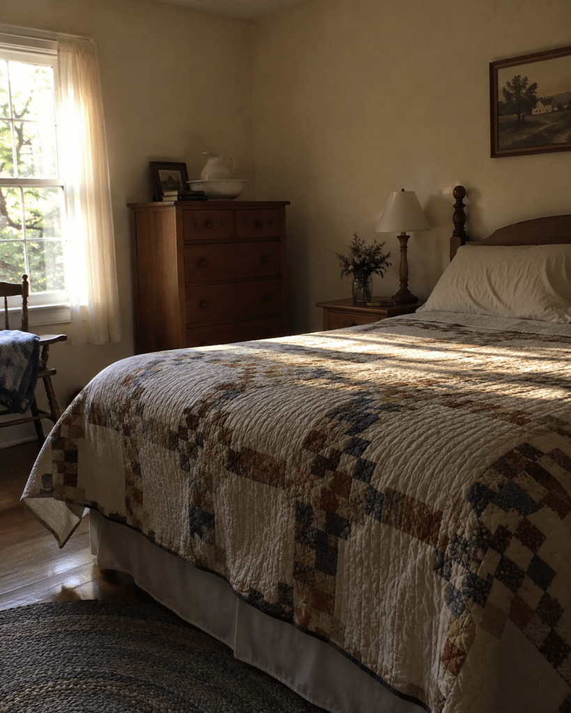 Morning light falling across an unmade bed with a quilt, representing the slow, gentle return to feeling safe in your own body after sexual trauma.