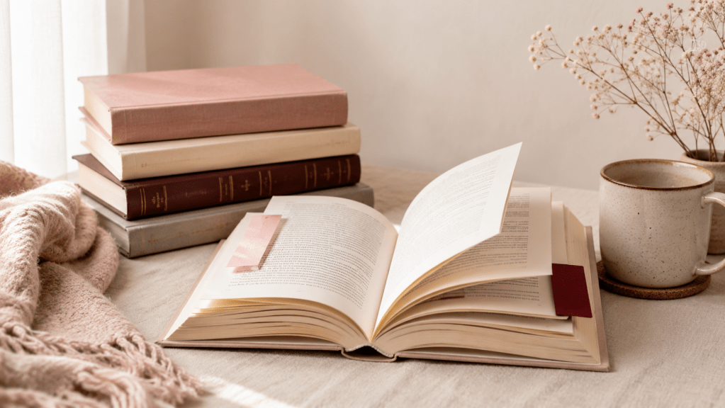 Open physical book on a soft cream surface with bookmarks near the beginning and near the end, a small stack of muted pink, ivory, gray, and burgundy books beside it, a cozy blanket, simple mug, and dried flowers in warm natural light.