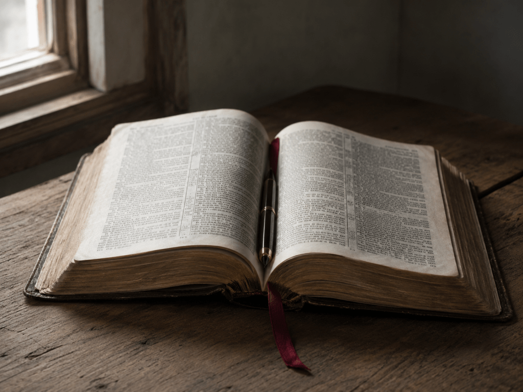An open, worn Bible on a wooden table with a single tear-stained page, soft window light falling across it, a pen resting in the gutter of the book. Quiet, reverent, unguarded. Muted tones with a crimson ribbon bookmark as the palette accent. No people, no text.