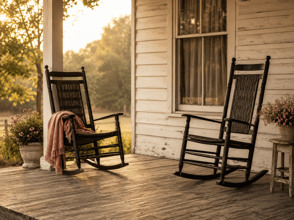 Two rocking chairs on a Southern front porch, angled slightly away from each other, space between them, warm evening light. One chair has a folded blanket over the arm. Weathered wood, muted tones, a blush-colored throw for palette. No people, no text.