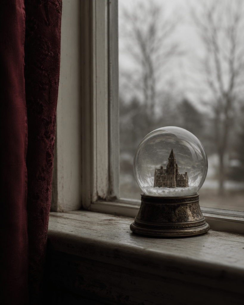 A vintage snow globe sitting on a windowsill, snow settled at the bottom, soft gray light through the window behind it, slightly unfocused view of trees outside. Quiet, still, melancholy but warm. Muted tones with soft crimson curtain edge in frame. No people, no text.