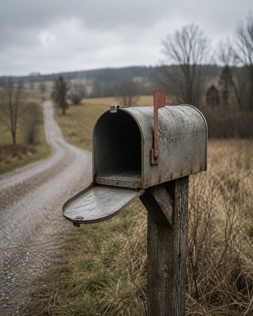 A weathered rural mailbox on a wooden post beside a Kentucky gravel road, door hanging open and empty, soft overcast light, fields blurred behind it. Muted tones, a faded red flag on the mailbox as the palette accent. No people, no text.