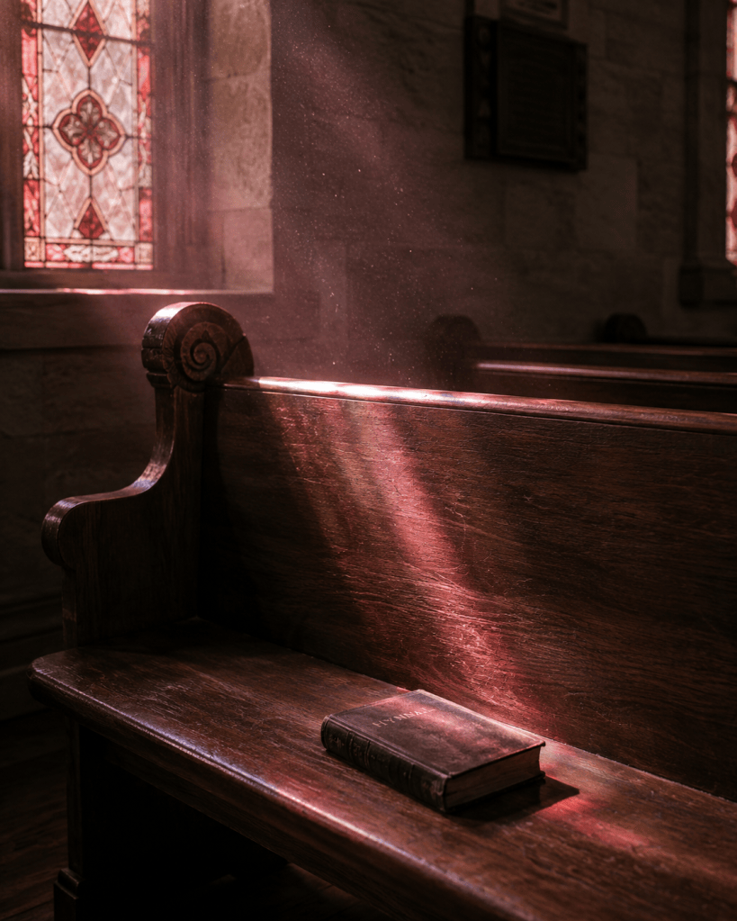 A single wooden church pew in soft colored light from a stained glass window, dust motes in the light beam, worn hymnal on the seat. Quiet, reverent, slightly melancholy. Muted wood tones with crimson and blush light from the glass. No people, no text.