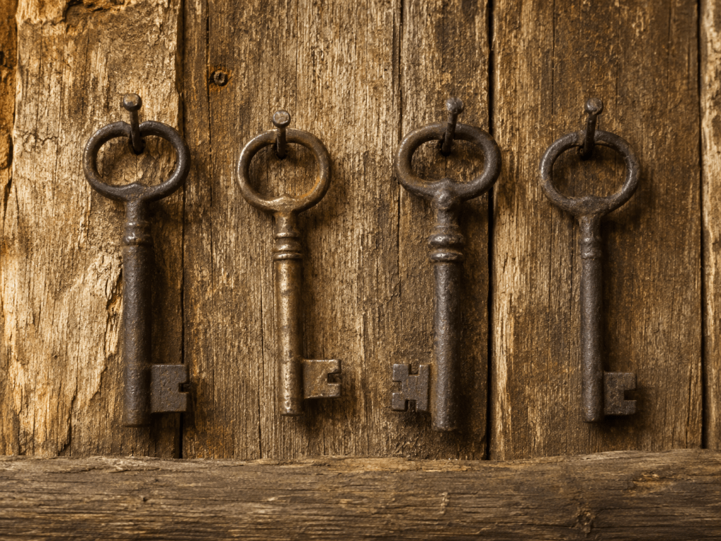 Four old keys on worn twine hanging from nails on a wooden wall, representing the four trauma responses of fight, flight, freeze, and fawn.