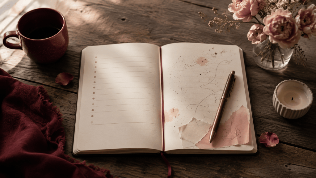 Open journal with two blank columns on a rustic table with blush and crimson accents, symbolizing sorting facts from fear while healing after betrayal.