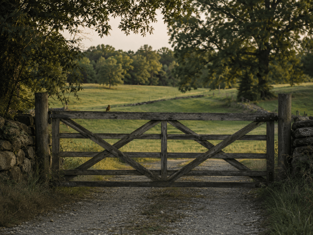 A wooden farm gate closed across a gravel lane, green pasture visible beyond it, late afternoon light. The gate is latched but not chained, sturdy without being hostile. Muted greens and warm browns with a crimson cardinal perched on the top rail. No people, no text.