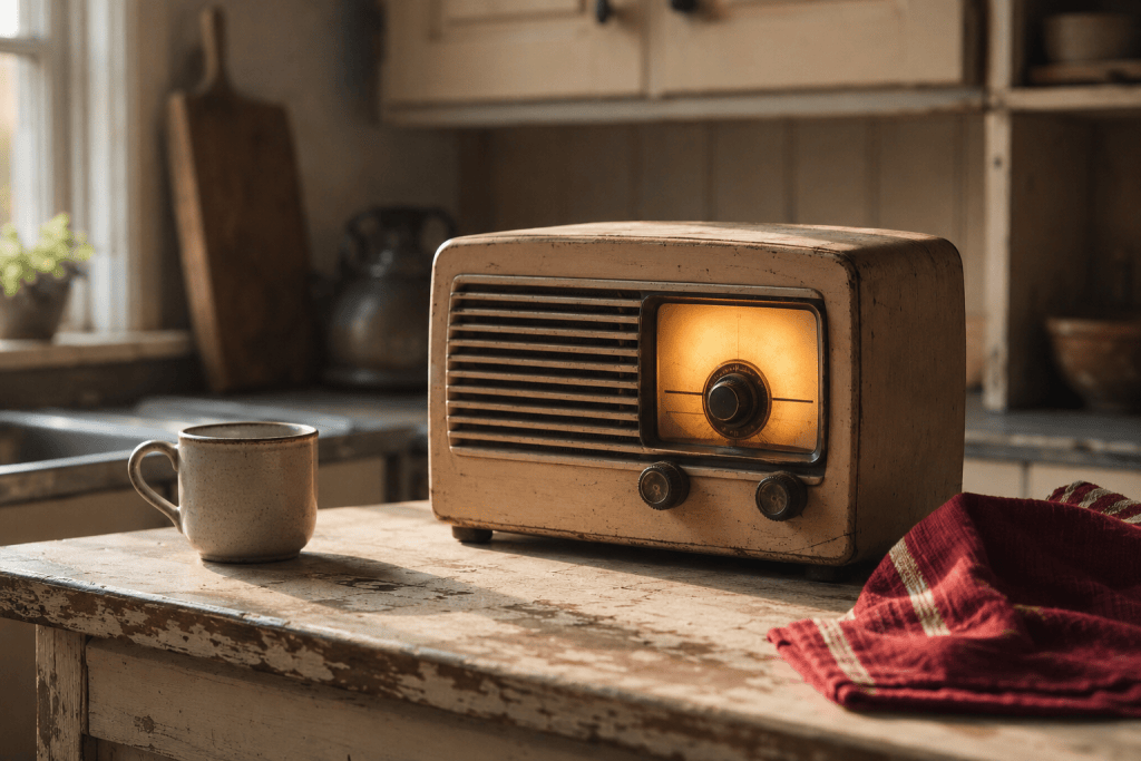 An old radio on a kitchen counter, warm afternoon light, its dial glowing softly, a coffee cup beside it, homey and worn. The scene suggests something playing quietly in the background of a busy life. Muted warm tones, a crimson dish towel folded nearby. No people, no text.