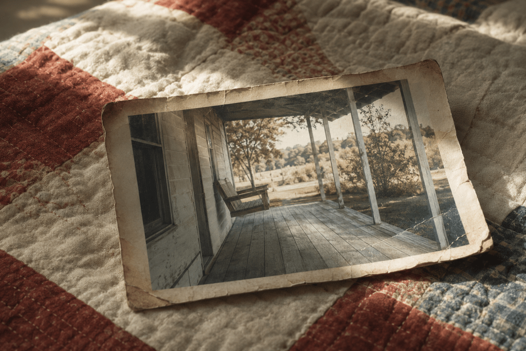 An old snapshot-style photograph lying face up on a quilt, slightly worn at the corners, showing an empty sunlit porch from years ago, soft afternoon light falling across the quilt. Nostalgic, tender, a little sad. Muted tones, quilt with faded crimson squares. No identifiable people, no text.