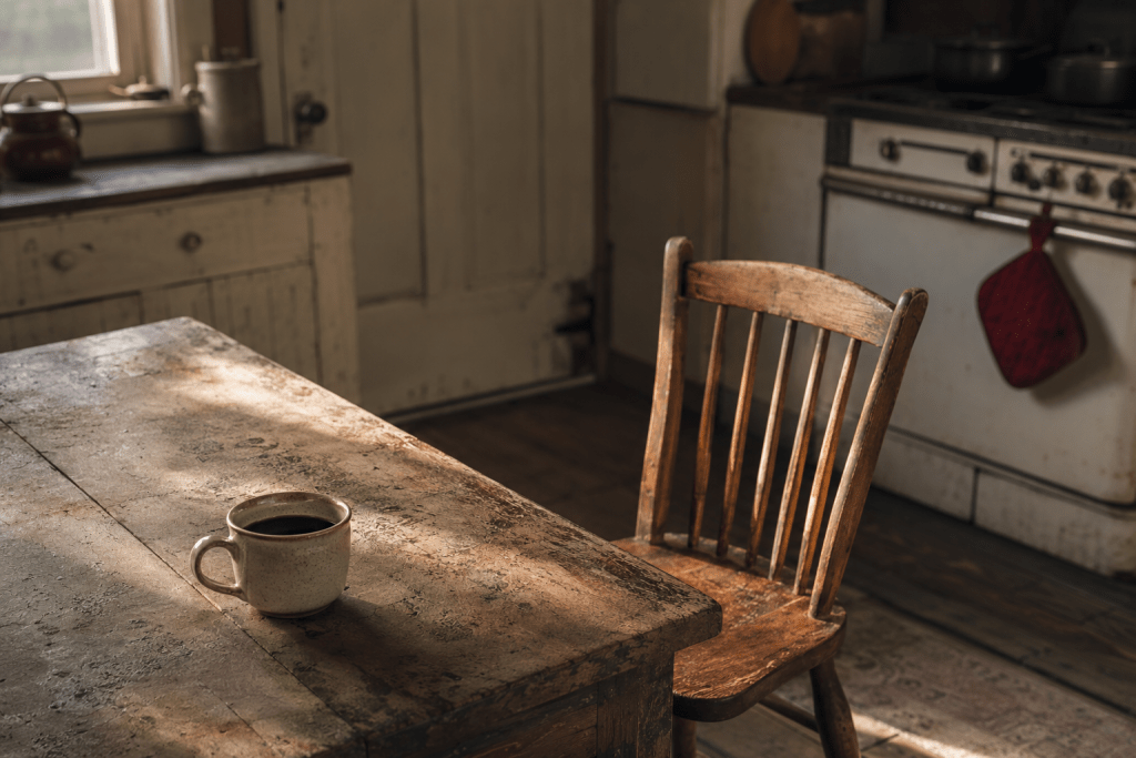 Empty chair across a farmhouse kitchen table from a full coffee cup, late afternoon light, quiet still life, muted tones, no people