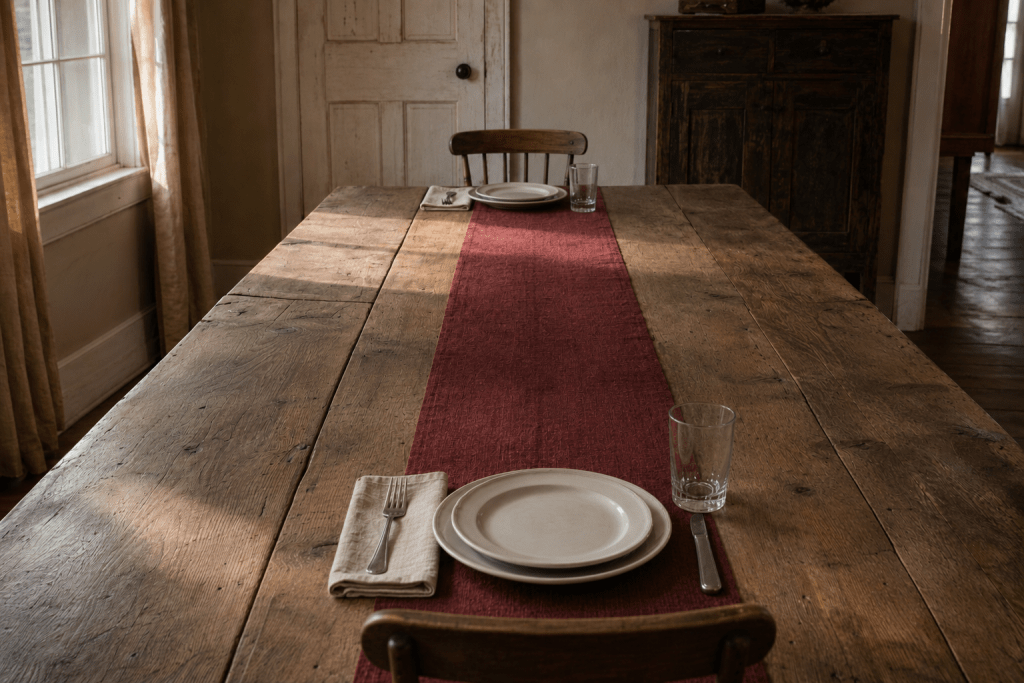 Two place settings at opposite ends of a long farmhouse dining table, warm evening light, distance between them, muted tones, no people