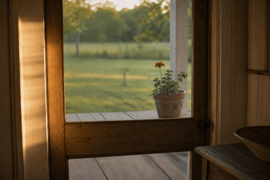 A classic wooden screen door on a Southern farmhouse porch, viewed from inside, golden evening light filtering through the mesh, yard and trees soft-focus beyond. Peaceful, warm, protected. Muted tones with a crimson porch geranium visible through the screen. No people, no text.