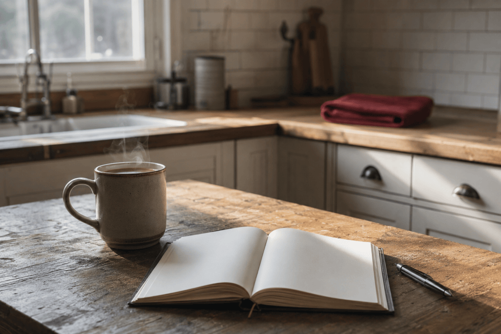 Morning light through a farmhouse kitchen window onto a table set for one with coffee and an open journal, quiet peaceful editorial still life, muted tones, no people