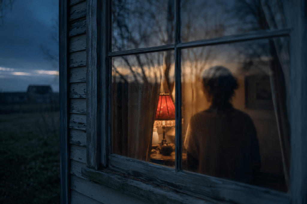 A woman's reflection blurred in an old farmhouse window at dusk, warm lamplight inside, dark blue evening outside, her face indistinct. Contemplative and quiet. Muted tones with a crimson lamp shade glowing softly. No identifiable face, no text.