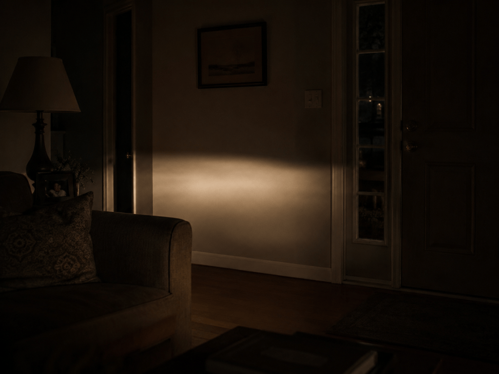 Headlights sweeping across a dark living room wall at night, representing the vigilance of families shaped by addiction and waiting for the car in the driveway.