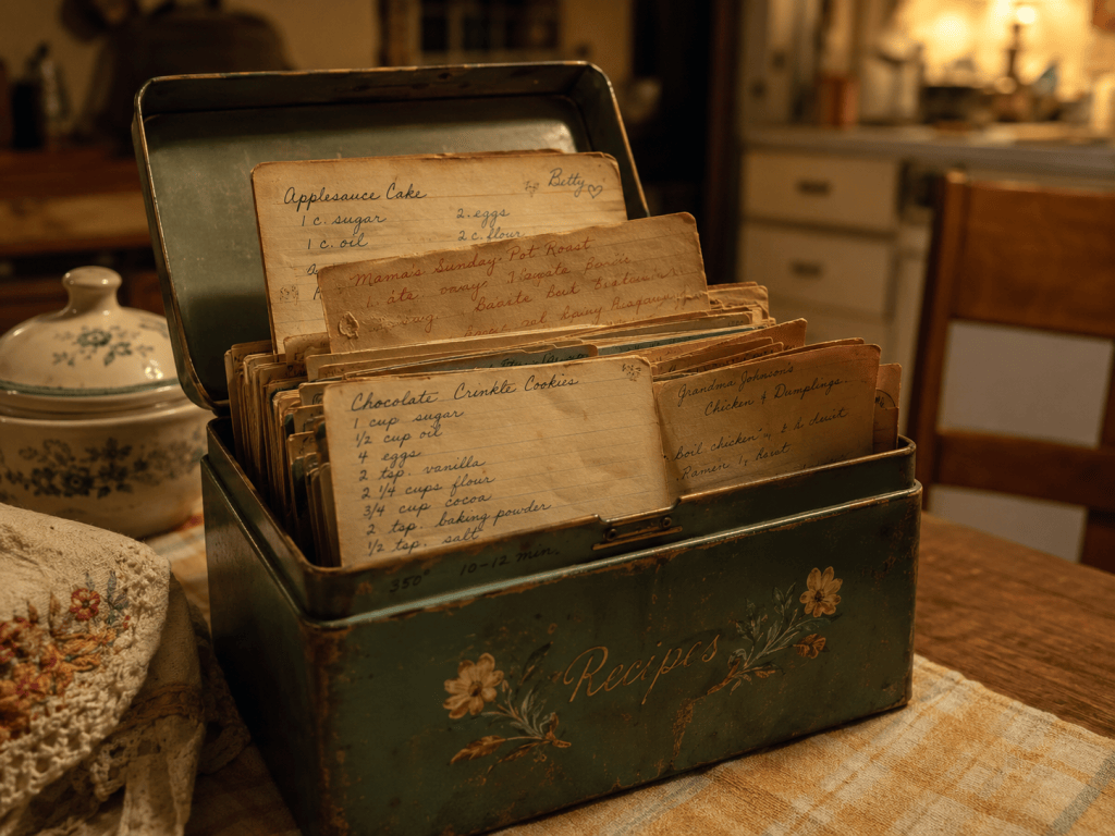 An old wooden recipe box with worn handwritten cards, representing generational trauma and the family patterns passed down without words.