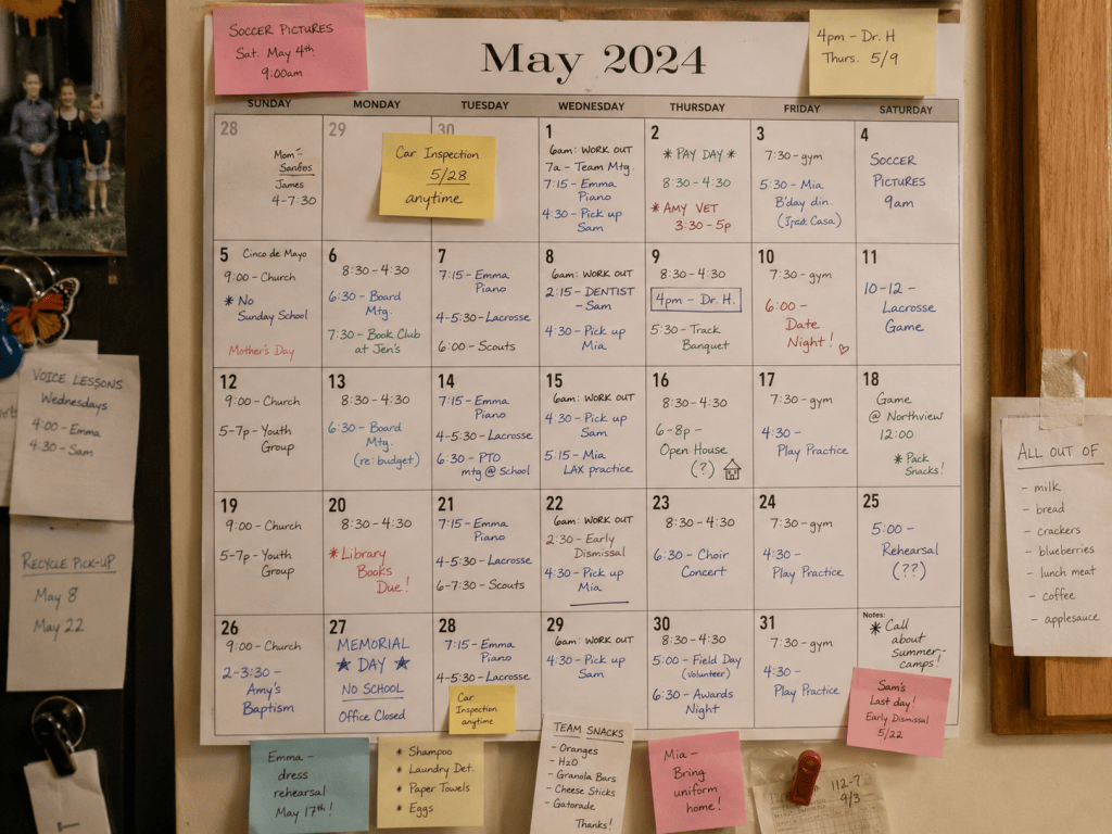 A wall calendar completely filled with handwriting and no blank days, representing the flight trauma response hiding inside constant busyness.