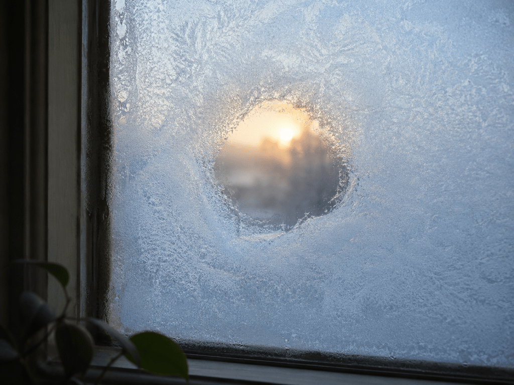 A frosted window pane with a small clear patch melted in the center, representing the freeze trauma response beginning to thaw.