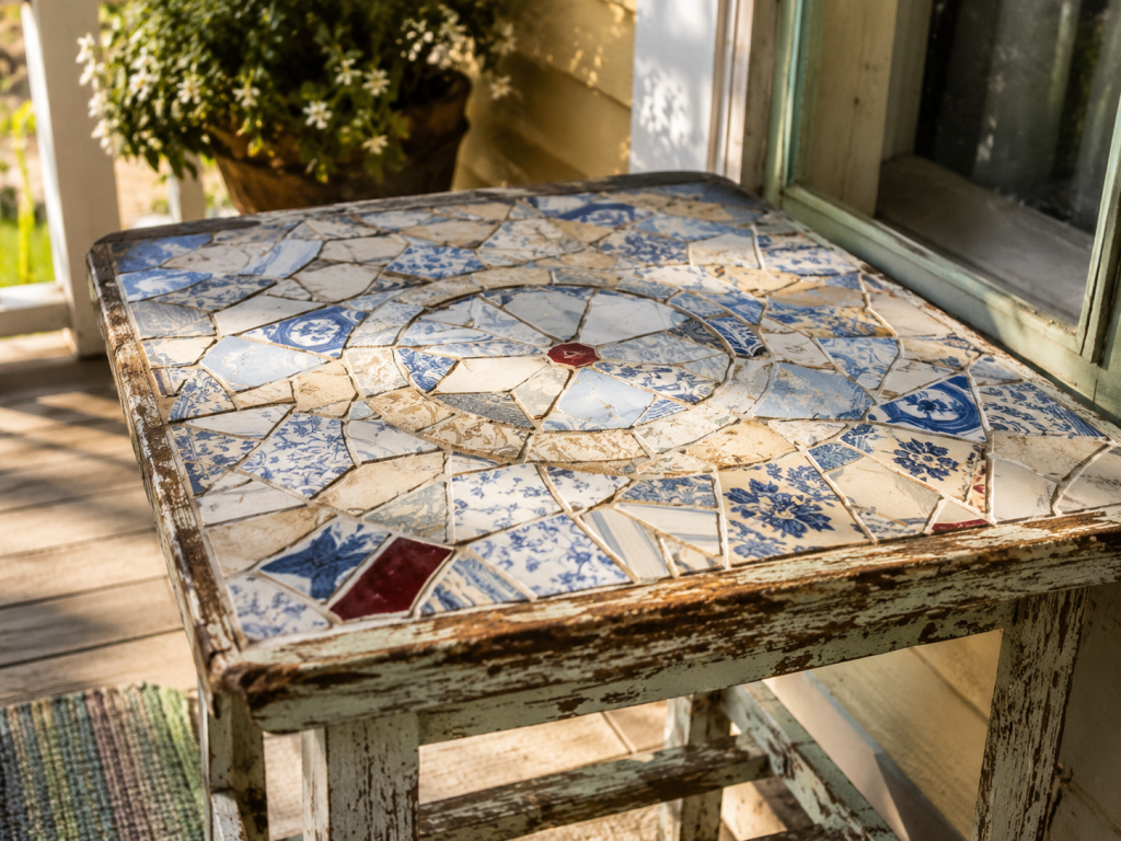 A mosaic tabletop made from broken plate pieces in soft blues and cream on a porch in morning light, representing identity after trauma and being more than what you survived.