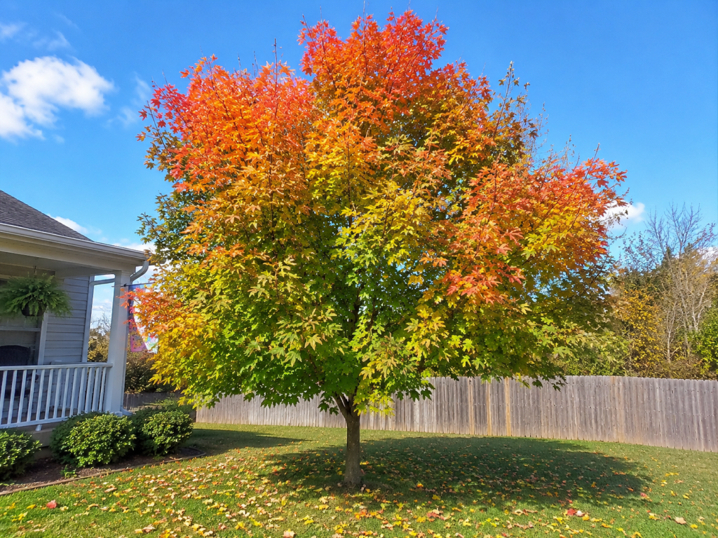 A maple tree in early October with half its leaves turned gold, standing in a Kentucky yard under a clear sky.