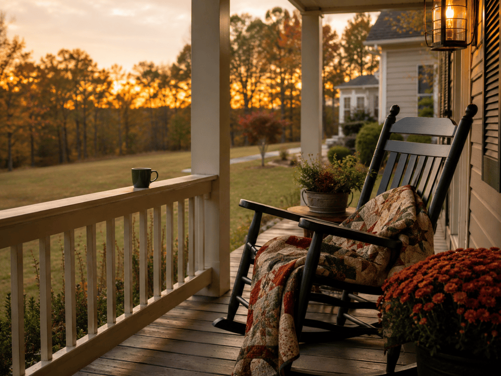 A porch rocker with a quilt over the arm and a mug on the rail, set against a September evening yard going gold.