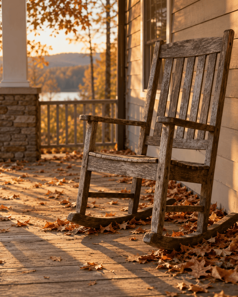 An empty wooden chair on a porch with fallen leaves gathered around the legs