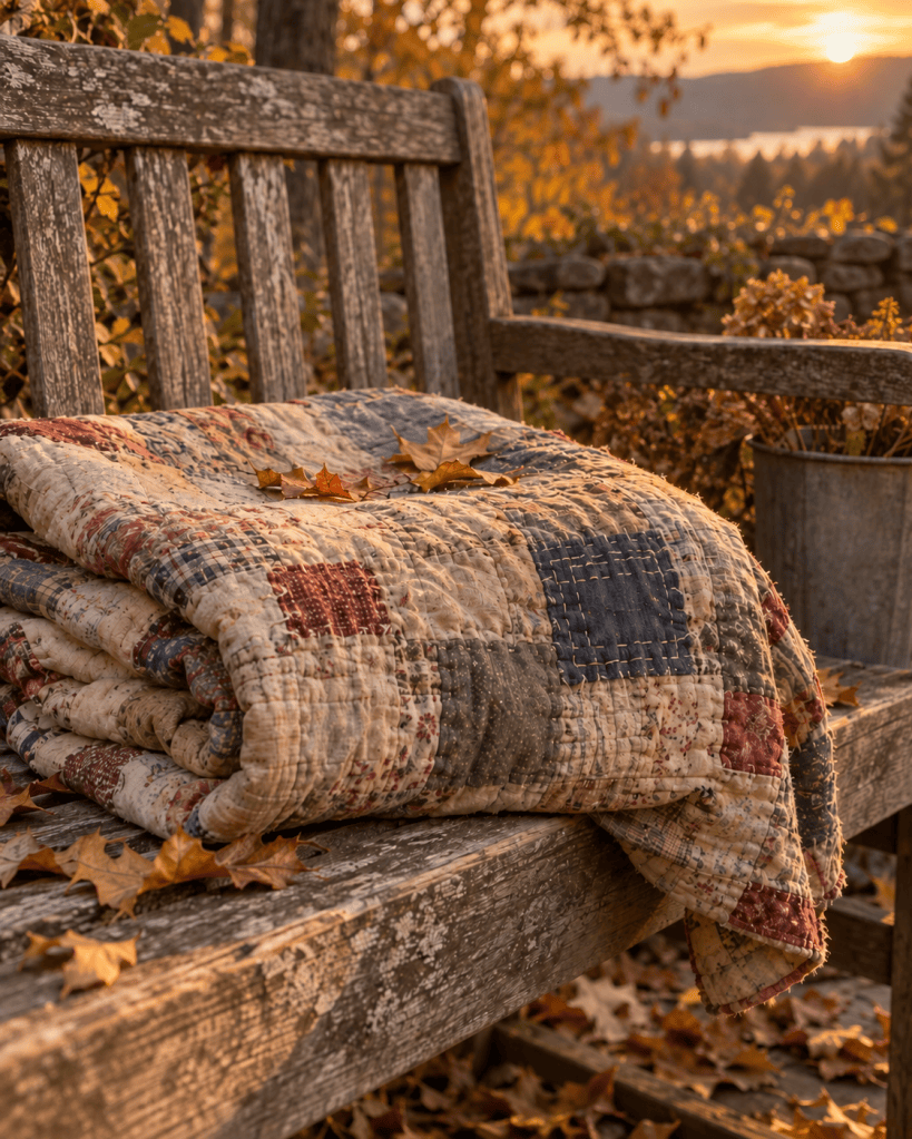 An old quilt folded on a bench with leaves scattered across it