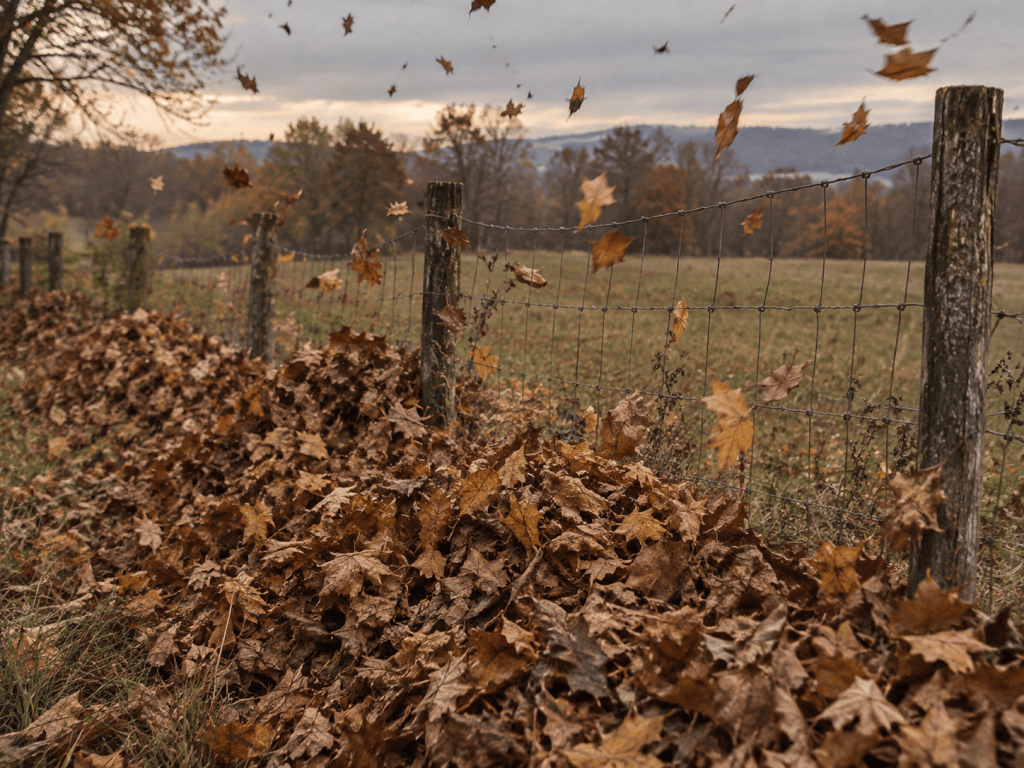 A pile of leaves raked against a fence that isn't the raker's fence