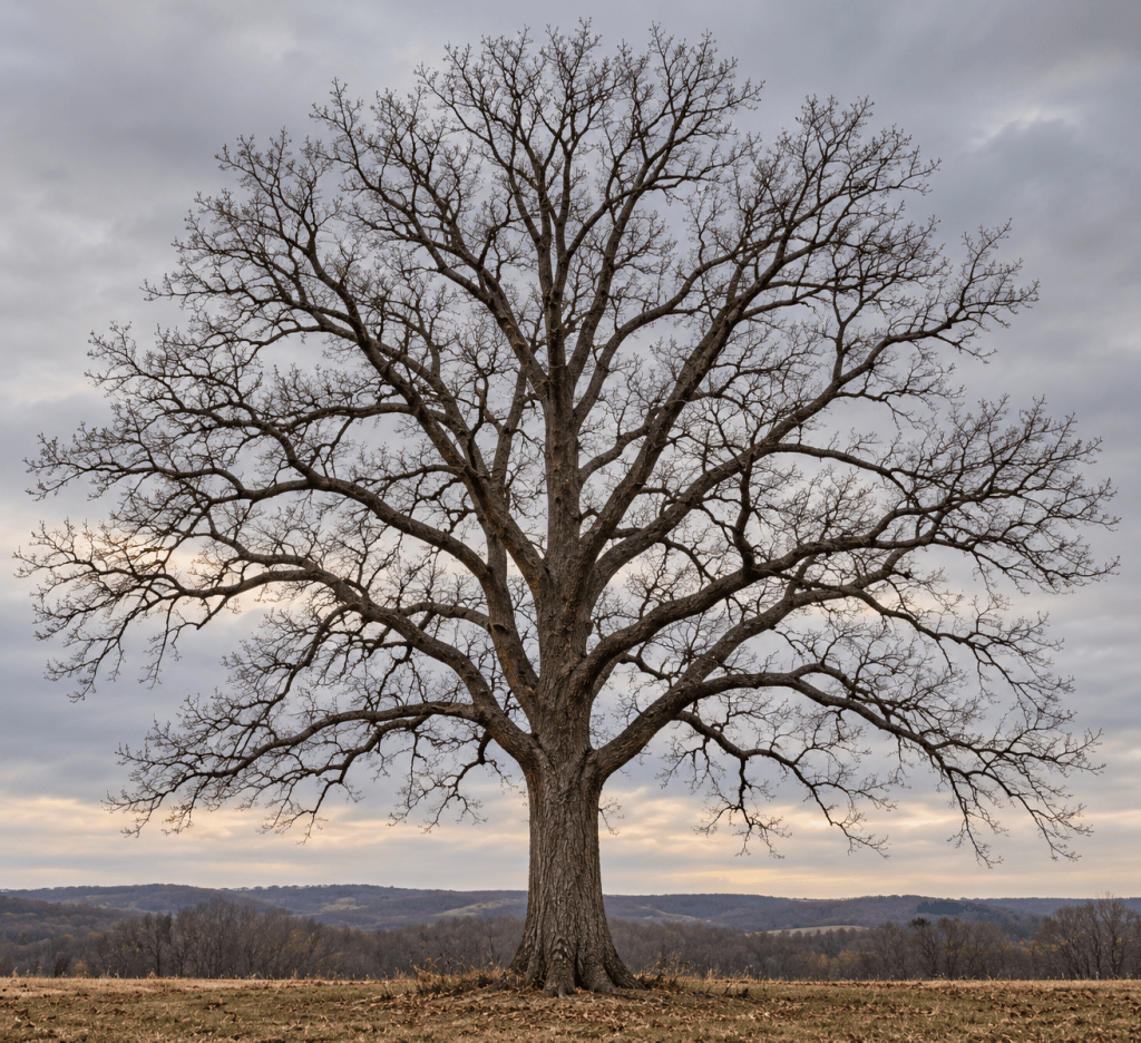 The trunk and main branches of a bare tree, clearly visible without leaves