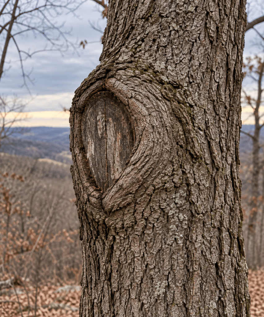 New bark growth over an old scar on a tree trunk