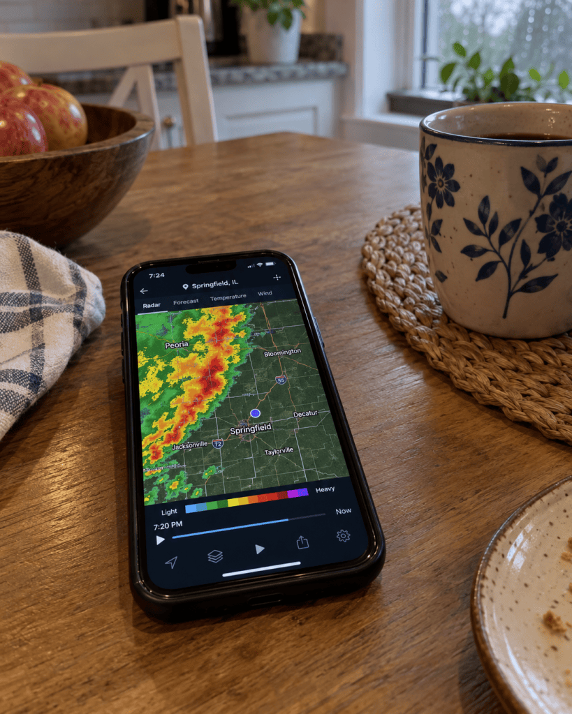 A weather radar map on a phone screen on a kitchen table